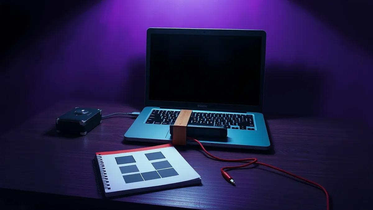 Illustration: A small desk holds a laptop with a blank screen and a simple wooden clamp securing a hard drive to the surface.