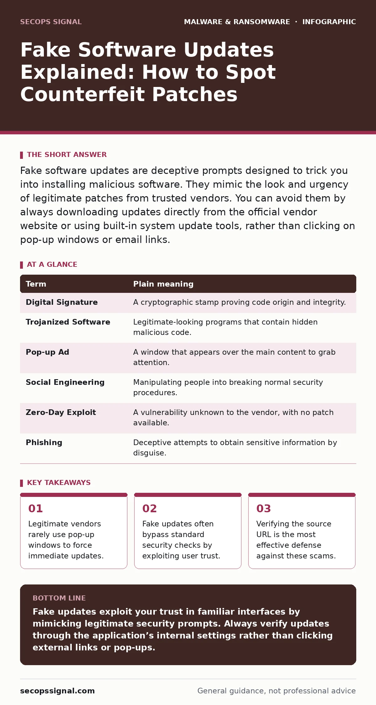Infographic: Fake Software Updates Explained: How to Spot Counterfeit Patches. Legitimate vendors rarely use pop-up windows to force immediate updates. Fake updates often bypass standard security checks by exploiting user trust. Verifying the source URL is the most effective defense against these sc
