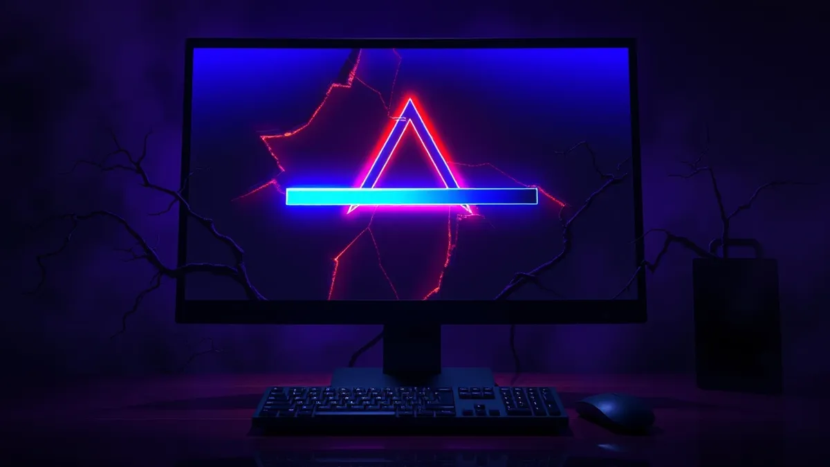 Illustration: A sleek desktop monitor displays a bright blue update progress bar that morphs into jagged red shards.