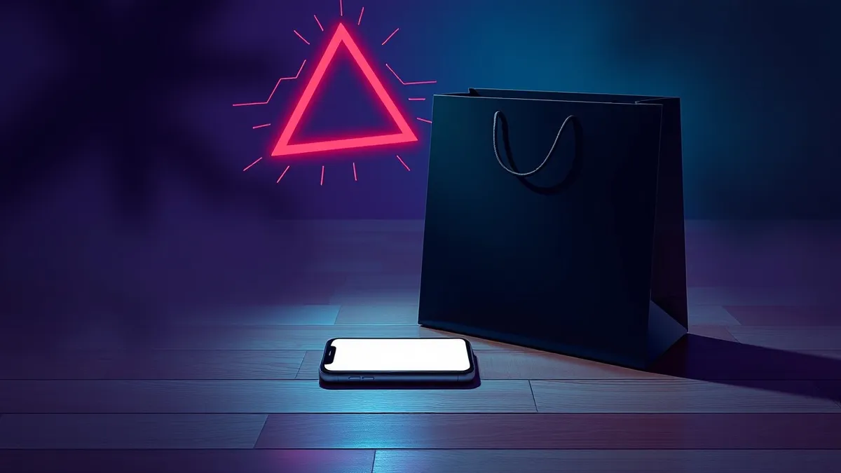 Illustration: A sleek black shopping bag rests on a wooden floor next to a smartphone displaying blank search result cards.