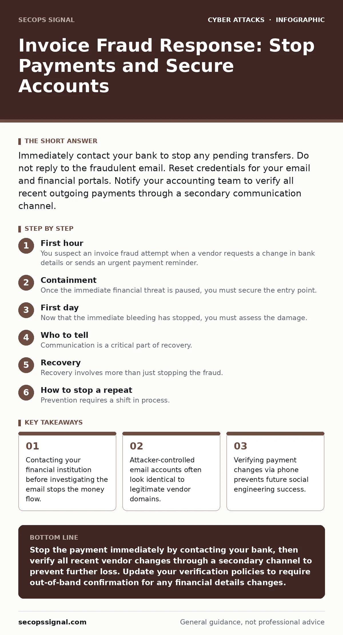 Infographic: Invoice Fraud Response: Stop Payments and Secure Accounts. Contacting your financial institution before investigating the email stops the money flow. Attacker-controlled email accounts often look identical to legitimate vendor domains. Verifying payment changes via phone prevents future