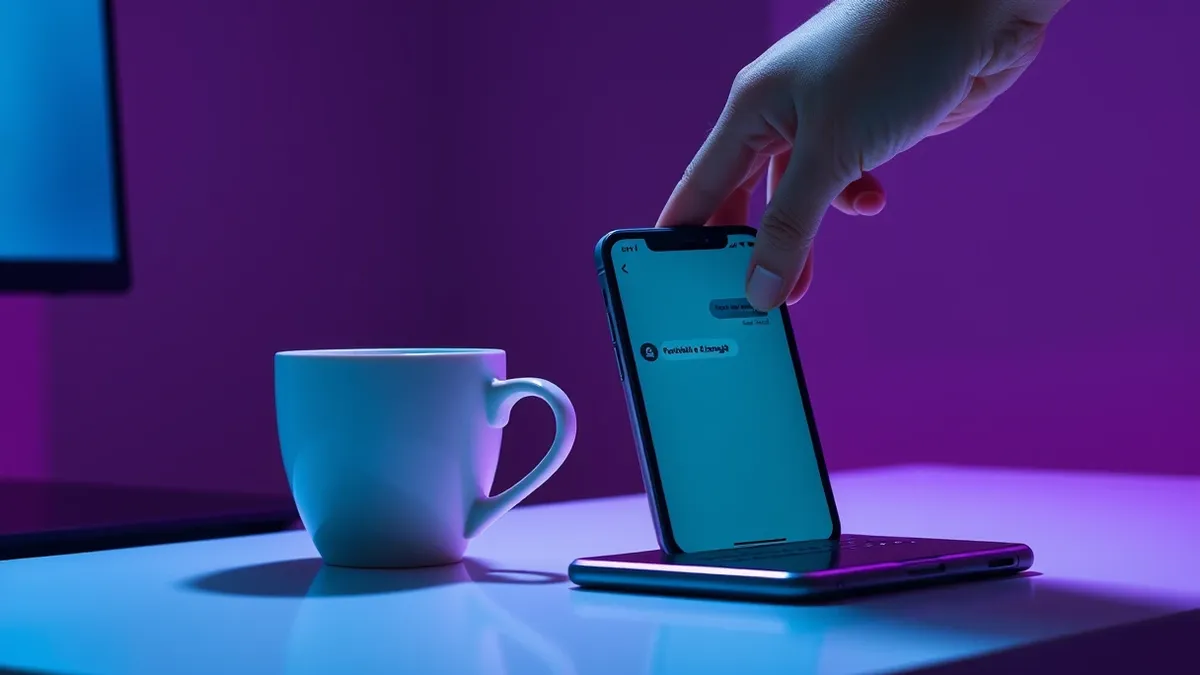 Illustration: A pristine ceramic coffee cup sits on a sleek office desk next to a modern smartphone displaying a generic messaging interface.