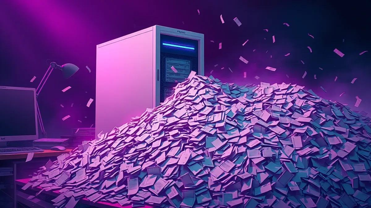 Illustration: A white server tower sits on a cluttered desk while a chaotic swarm of tiny paper slips pours from its vents, piling high on the floor and spilling over the edge, com