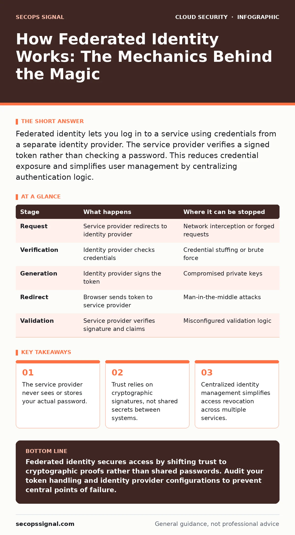 Infographic: How Federated Identity Works: The Mechanics Behind the Magic. The service provider never sees or stores your actual password. Trust relies on cryptographic signatures, not shared secrets between systems. Centralized identity management simplifies access revocation across multiple servic