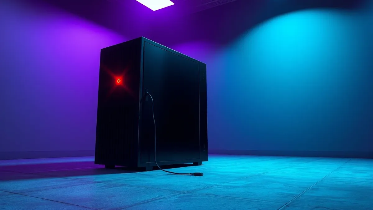 Illustration: A sleek black server tower sits on a concrete floor with a single bright red warning light blinking on its front panel.