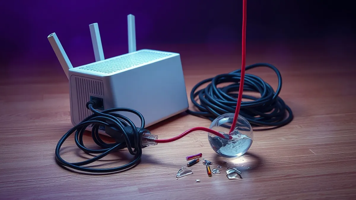 Illustration: A white plastic router sits on a wooden desk next to a tangled ball of black ethernet cable.