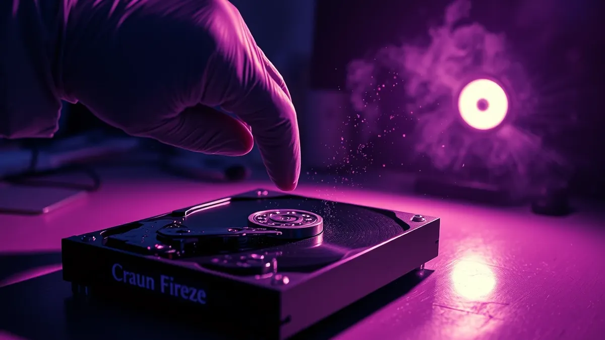 Illustration: A forensic investigator’s gloved hand hovers over a hard drive, accidentally bumping the power button.