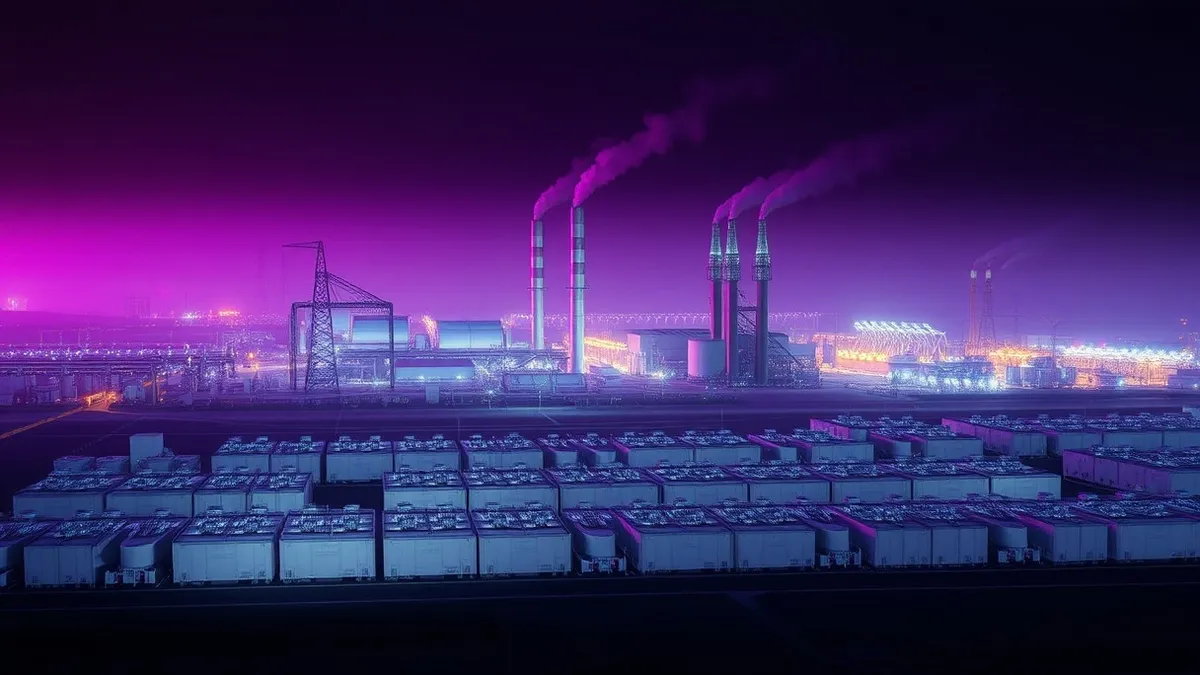 Illustration: A vast industrial complex of white modular buildings spreads across a flat landscape.
