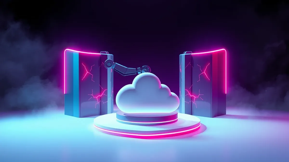 Illustration: A sleek, abstract digital fortress surrounds a floating cloud icon, with glowing red cracks appearing in its walls.