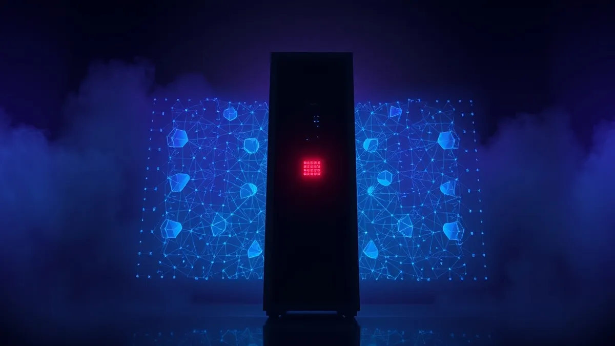Illustration: A sleek black tower hums with quiet intelligence, projecting a holographic grid of abstract geometric shapes that sort themselves by color intensity.