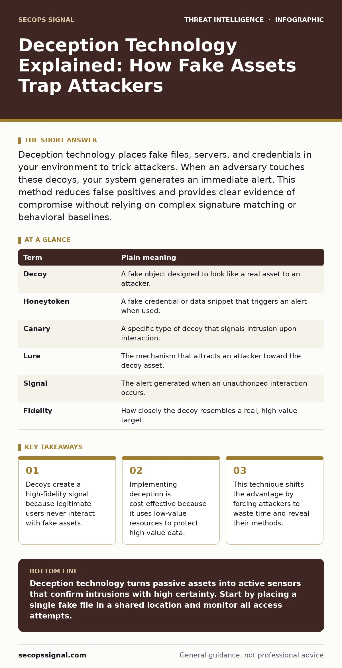 Infographic: Deception Technology Explained: How Fake Assets Trap Attackers. Decoys create a high-fidelity signal because legitimate users never interact with fake assets. Implementing deception is cost-effective because it uses low-value resources to protect high-value data. This technique shifts t