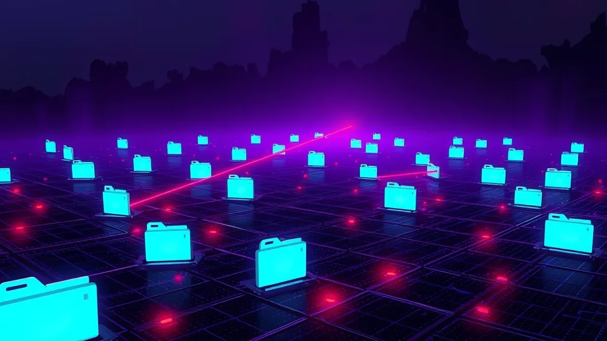 Illustration: A sprawling digital landscape features numerous glowing decoy servers and empty file folders scattered across a dark network grid.