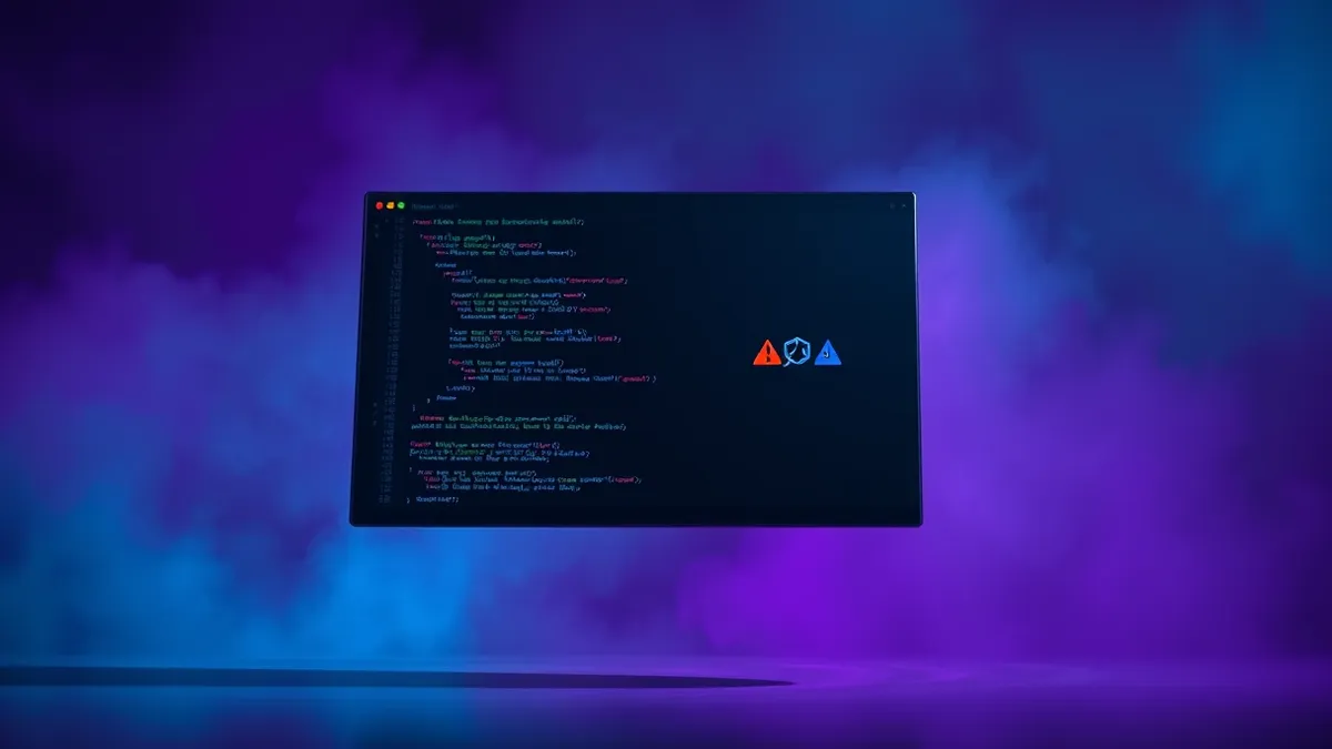 Illustration: A sleek black terminal window floats in mid-air, displaying abstract geometric code blocks.