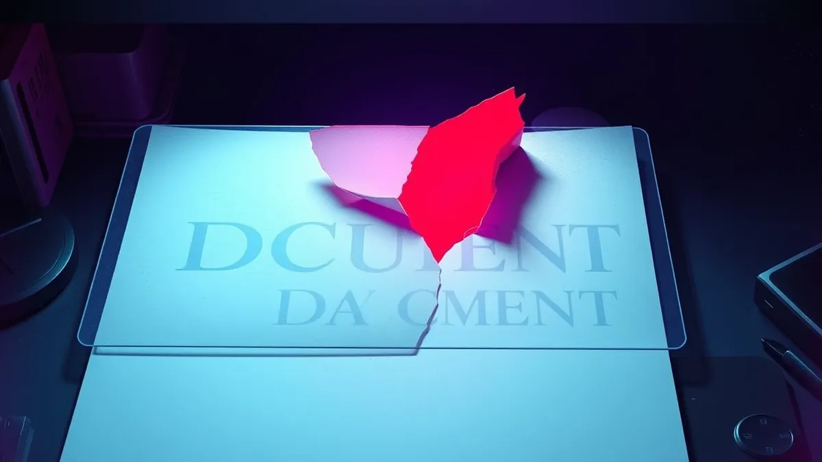 Illustration: A blank document page rests on a desk, partially covered by a transparent shield with a broken corner.