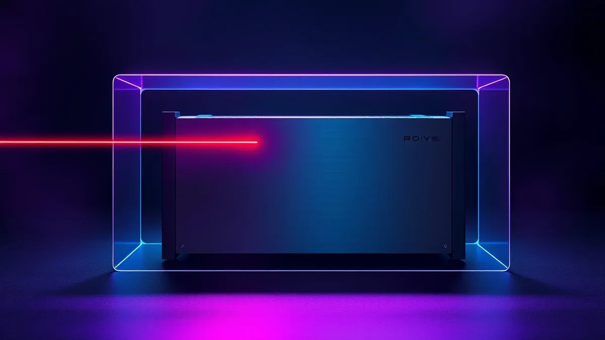 Illustration: A sleek silver server blade sits isolated on a dark desk.