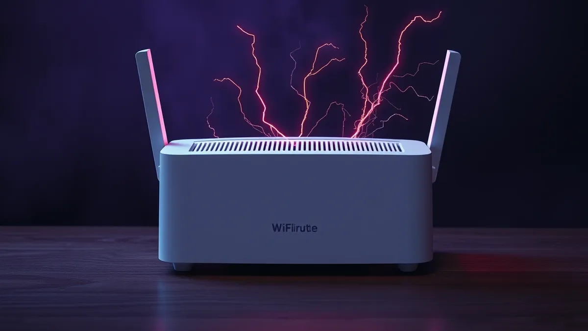 Illustration: A white consumer Wi-Fi router sits on a wooden table, its ventilation slots glowing faintly red.