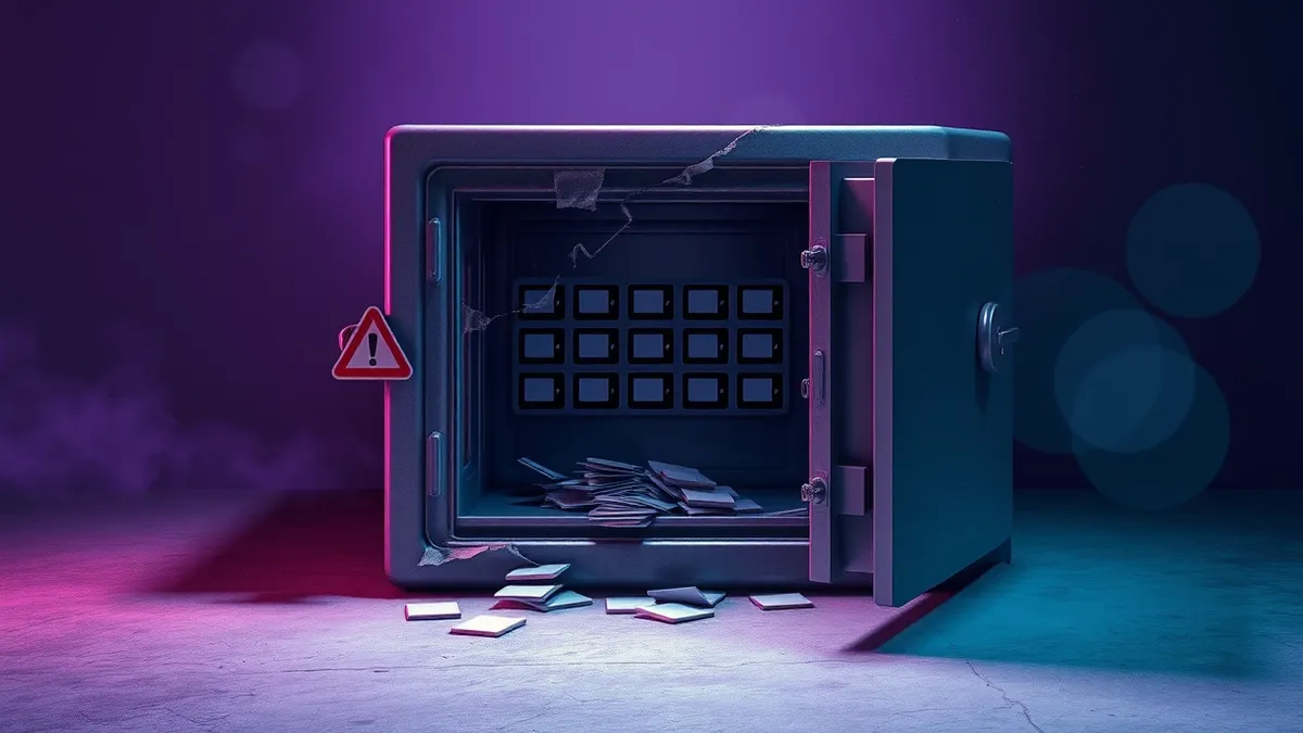 Illustration: A cracked metal safe door lies open on a concrete floor, revealing scattered blank keycards and empty card slots inside.