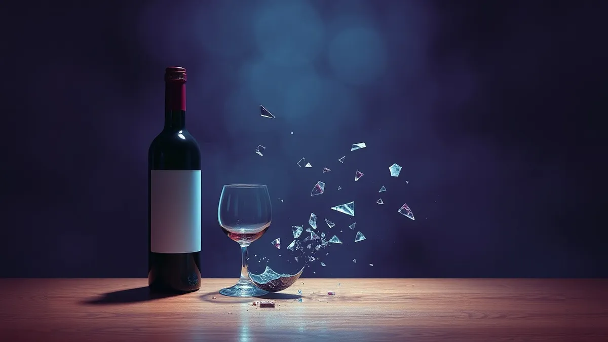 Illustration: A wine bottle sits beside a broken glass on a wooden table.