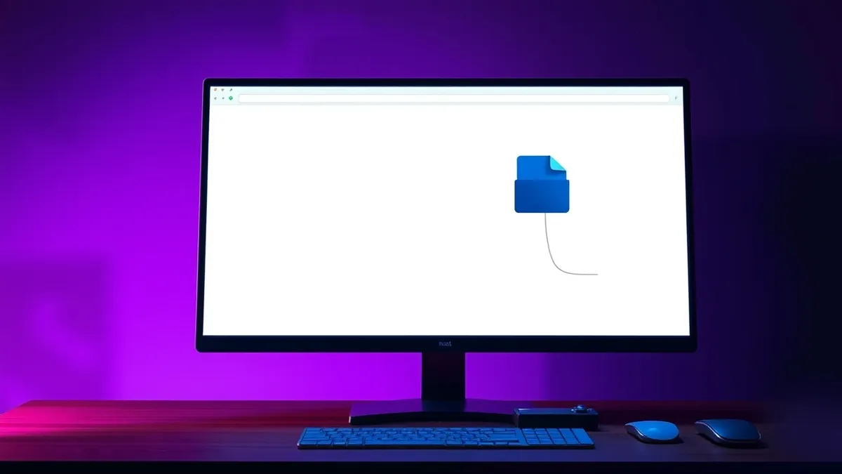Illustration: A generic desktop computer monitor sits on a wooden desk displaying a blank white browser window.