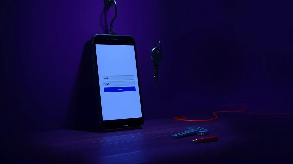 Illustration: A blank smartphone screen displays a generic login form with empty fields, sitting beside a physical key hanging from a hook on a wooden surface, with a thin red line