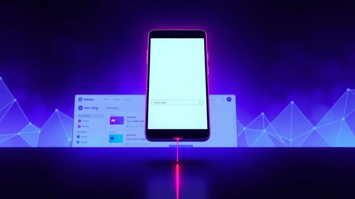 Illustration: A blank smartphone screen floats above a generic billing dashboard interface.