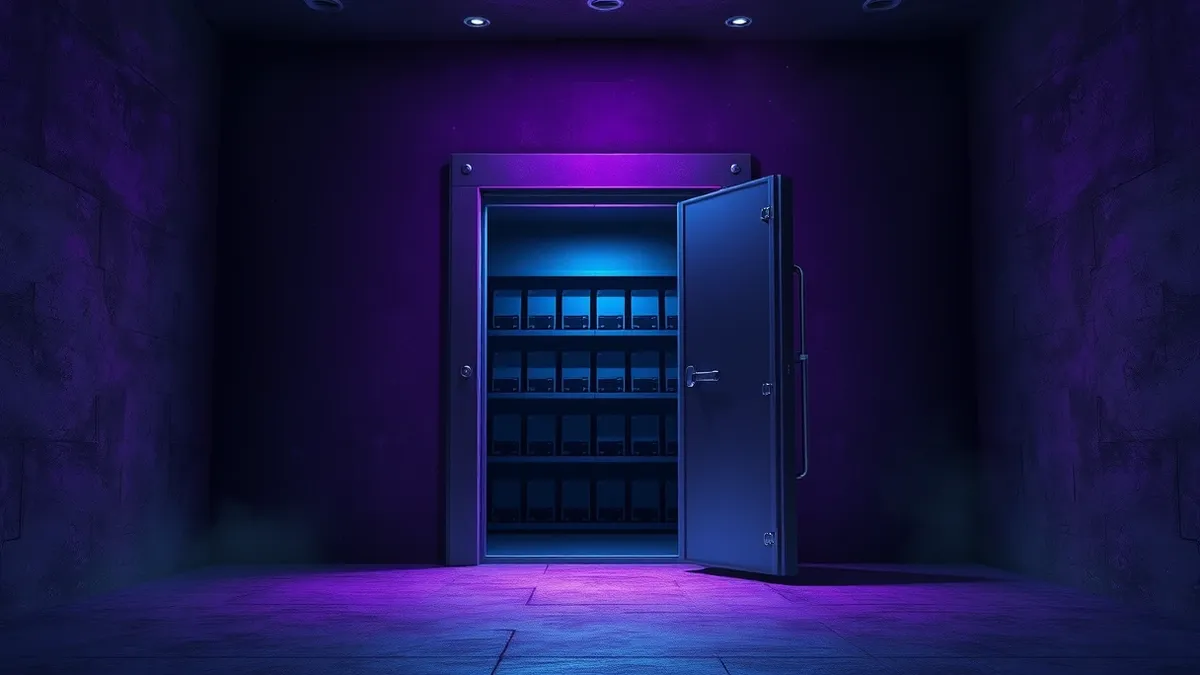 Illustration: A sturdy metal vault door stands slightly ajar in a dimly lit concrete room.