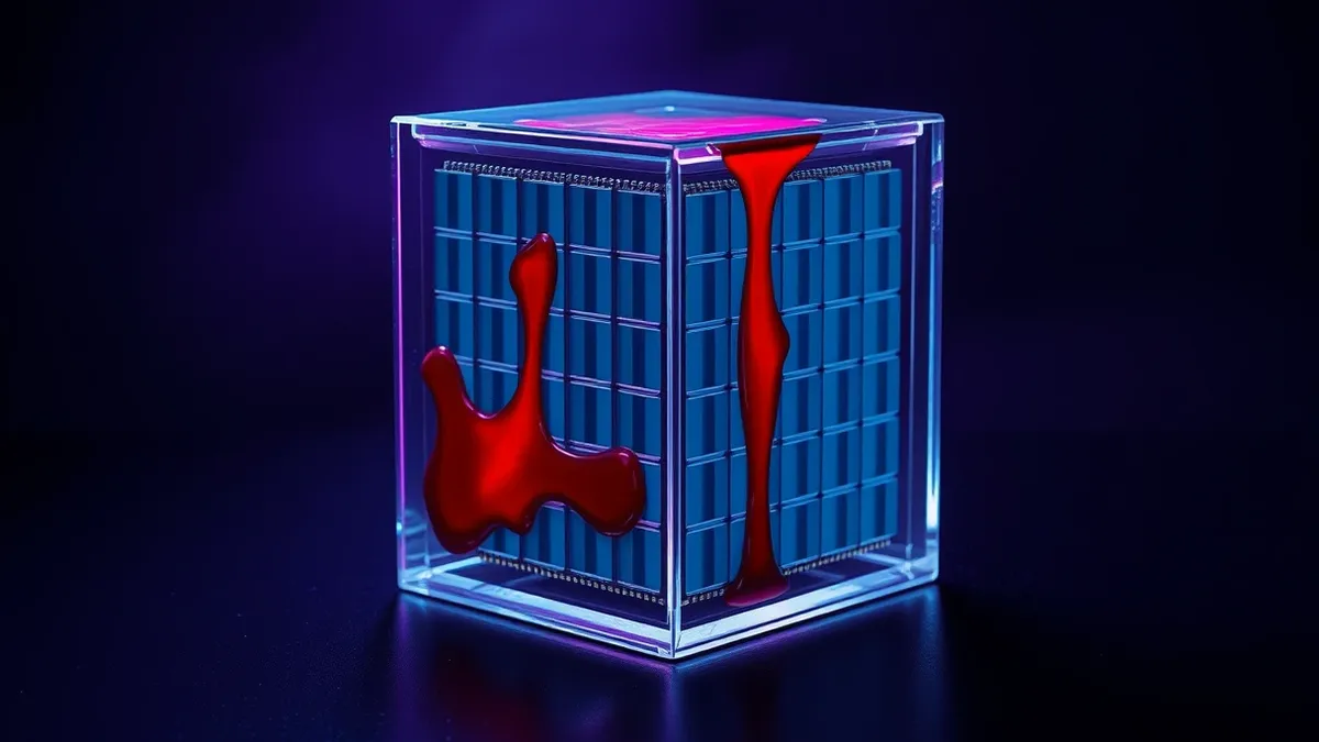 Illustration: A transparent glass cube representing computer memory sits on a dark surface.