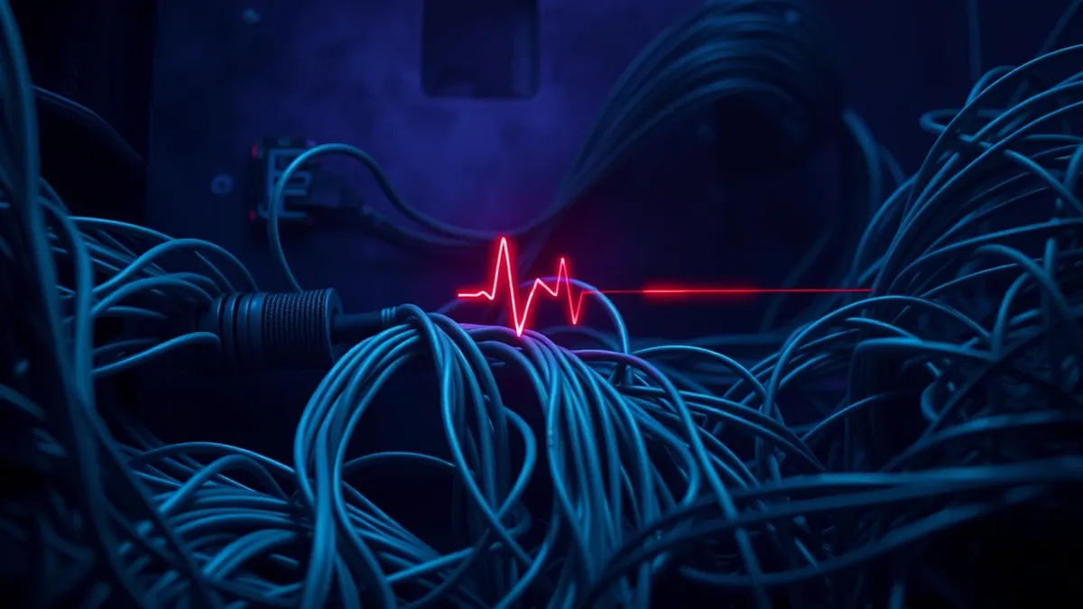 Illustration: A single bright red pulse travels along a thin fiber-optic cable that emerges from a tangle of gray wires.