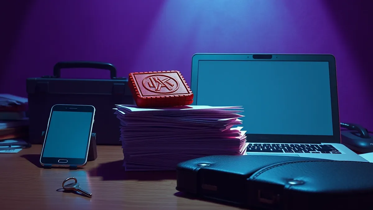 Illustration: A cluttered office desk holds a smartphone and a generic laptop with blank screens.