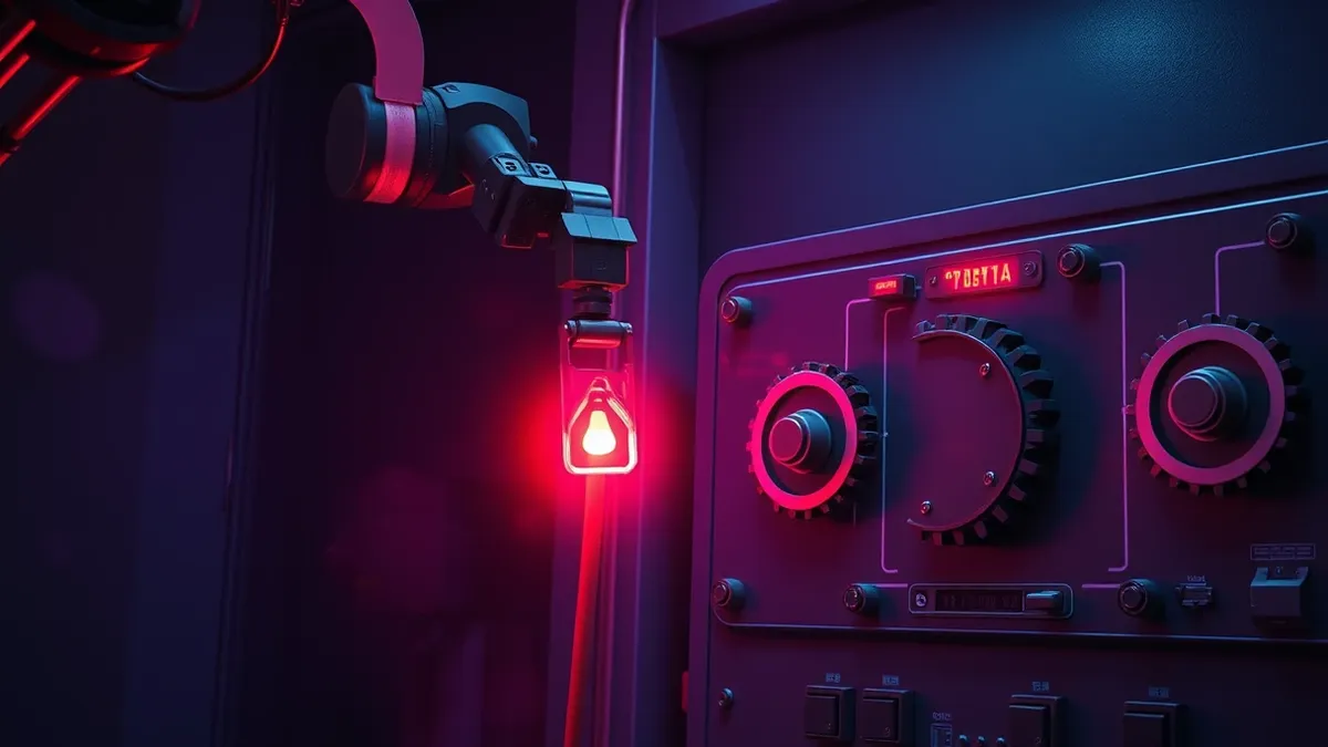 Illustration: An automated robotic arm swiftly slams a heavy metal clamp onto a glowing red cable to stop a surge, while nearby mechanical gears silently rotate through a sequence 