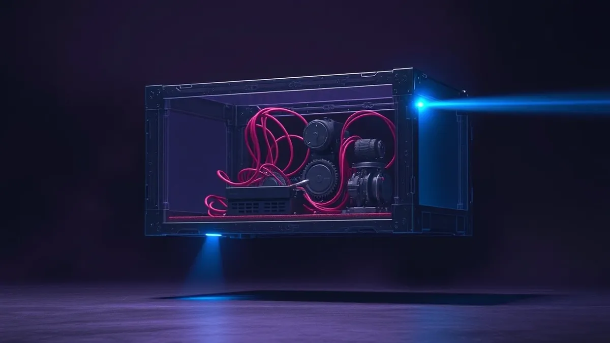 Illustration: A translucent shipping crate hovers above a dark surface, revealing tangled red wires and exposed gears inside its hollow layers.