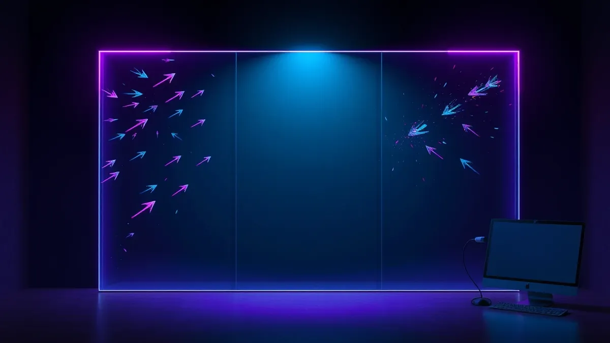 Illustration: A transparent glass wall stands between a chaotic storm of sharp, jagged arrows and a calm, secure interior room.