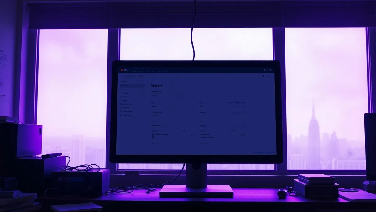 Illustration: A blank computer monitor sits on a cluttered desk, displaying a simple administrative dashboard with empty fields.