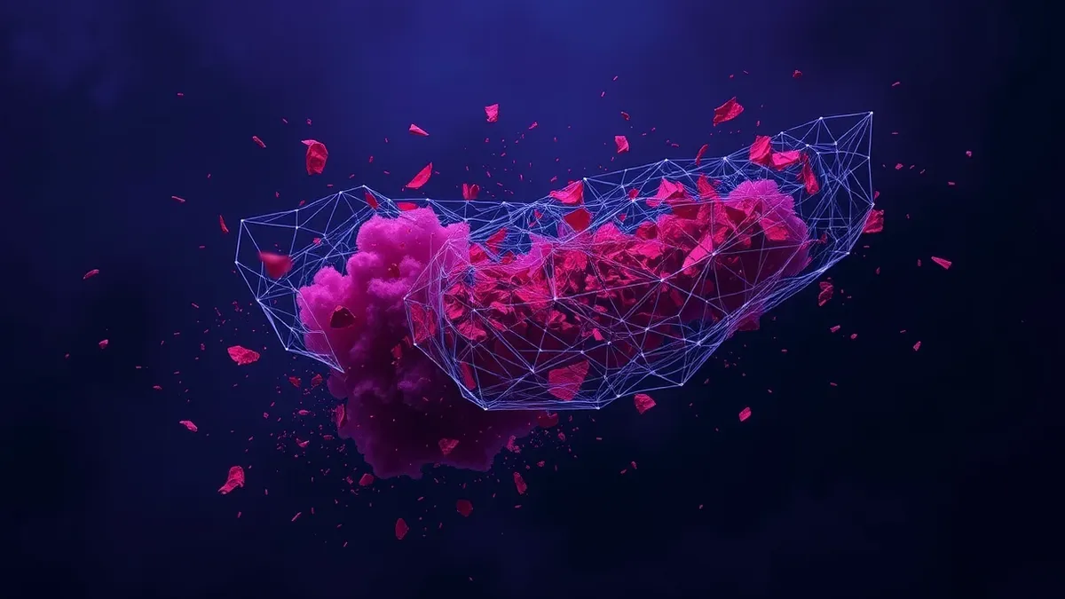 Illustration: A translucent digital net spreads across a swirling cloud of chaotic, jagged red fragments.