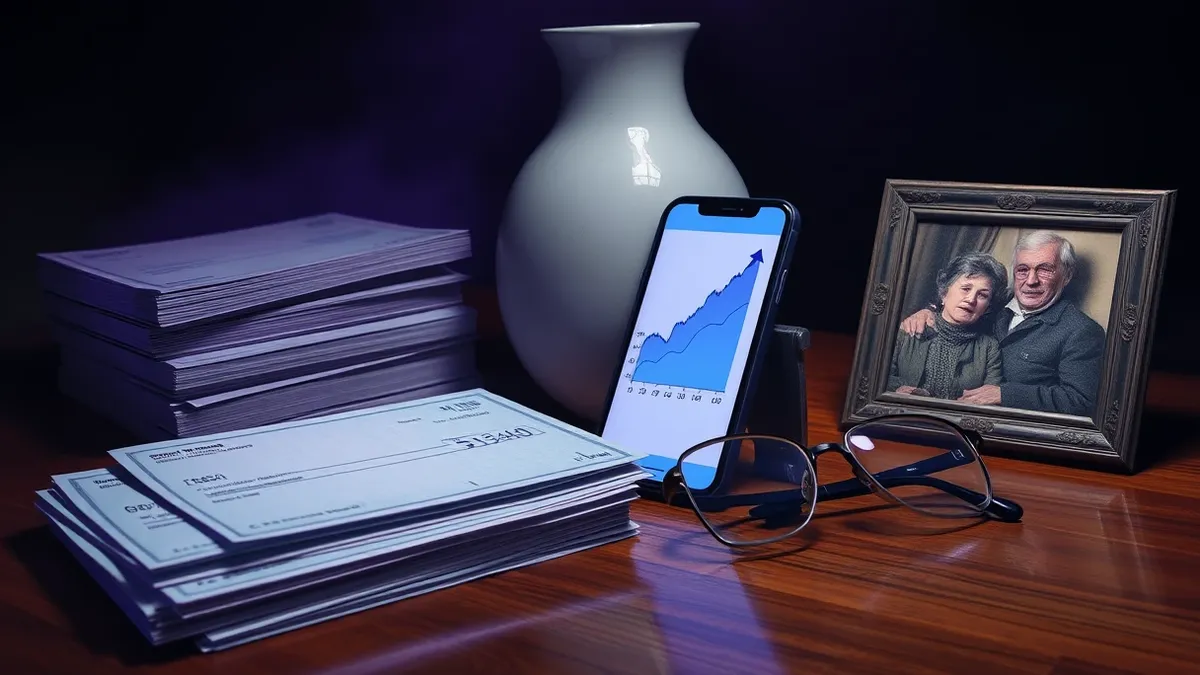 Illustration: A stack of blank checkbooks sits beside a smartphone displaying a generic upward trend chart on its screen, while a pair of glasses rests on a wooden table.