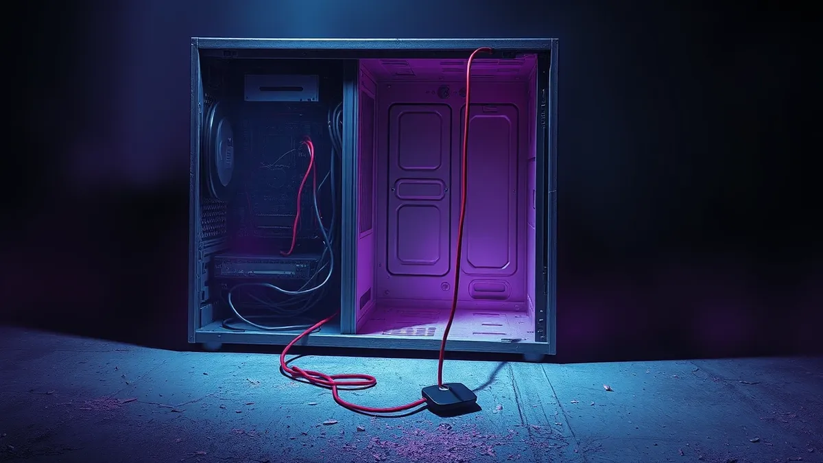 Illustration: A weathered metal server tower sits open on a dusty concrete floor, its internal circuit boards exposed and tangled with loose wires.
