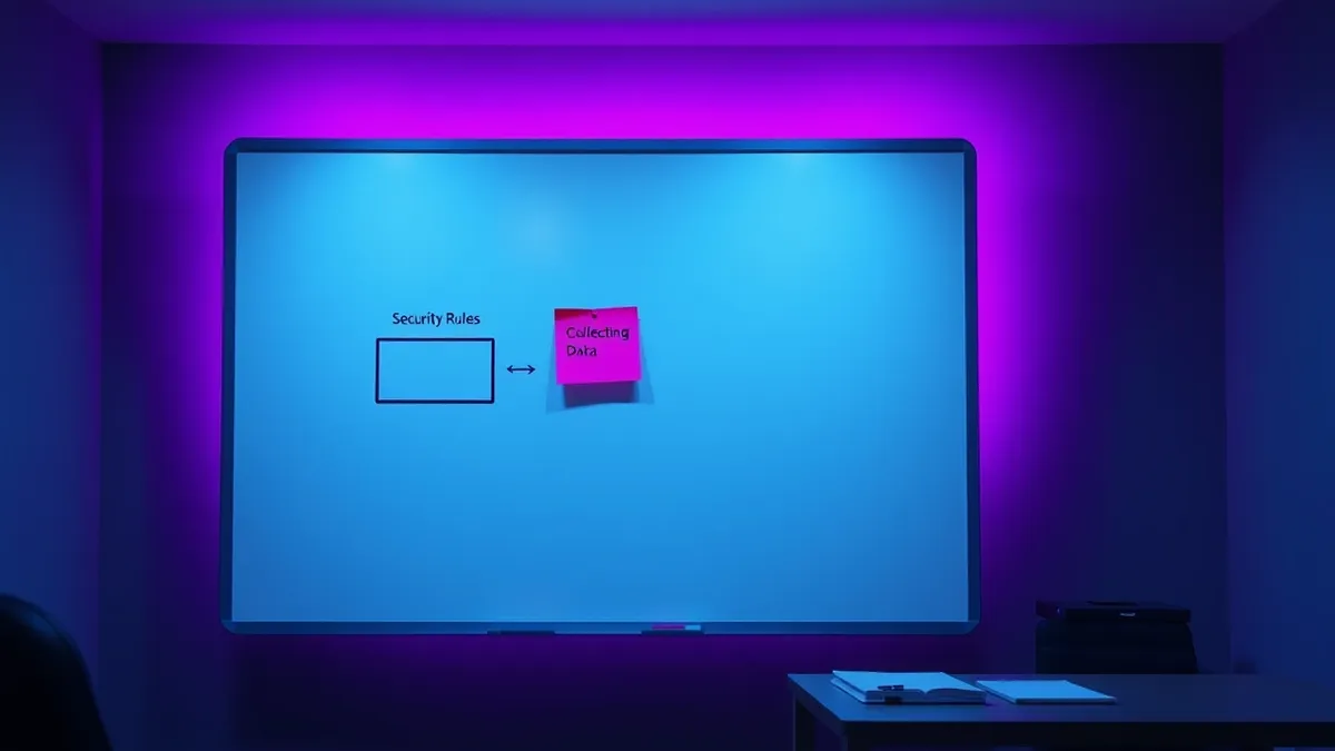 Illustration: A blank whiteboard displays a simple flowchart with empty boxes connected by arrows, illustrating the process of defining security rules before collecting data.