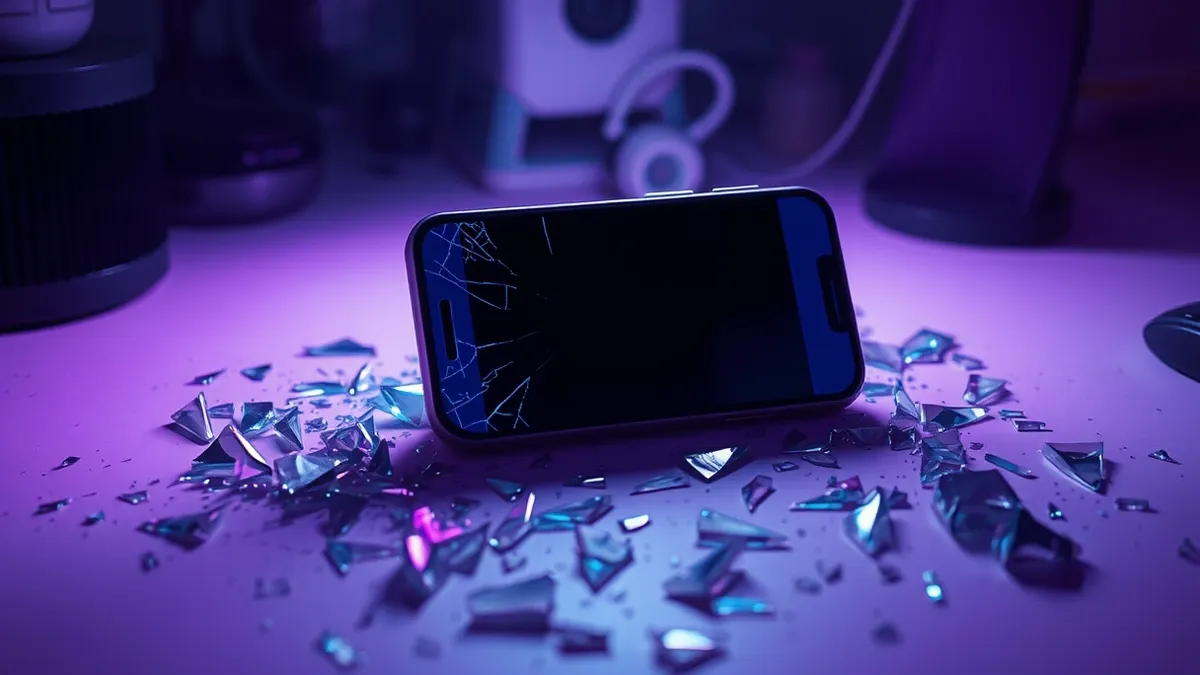 Illustration: A cracked smartphone screen displays a frozen, fragmented video frame on a white desk.