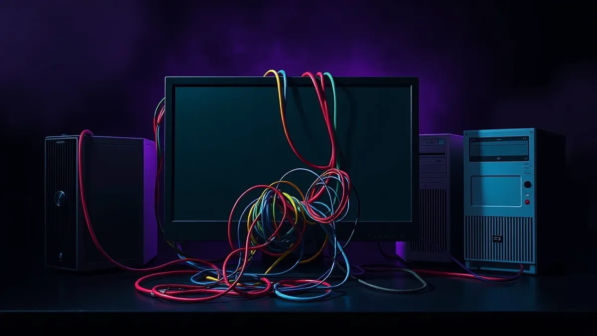 Illustration: A tangled knot of colorful cables connects a single blank monitor to three different generic computer towers.