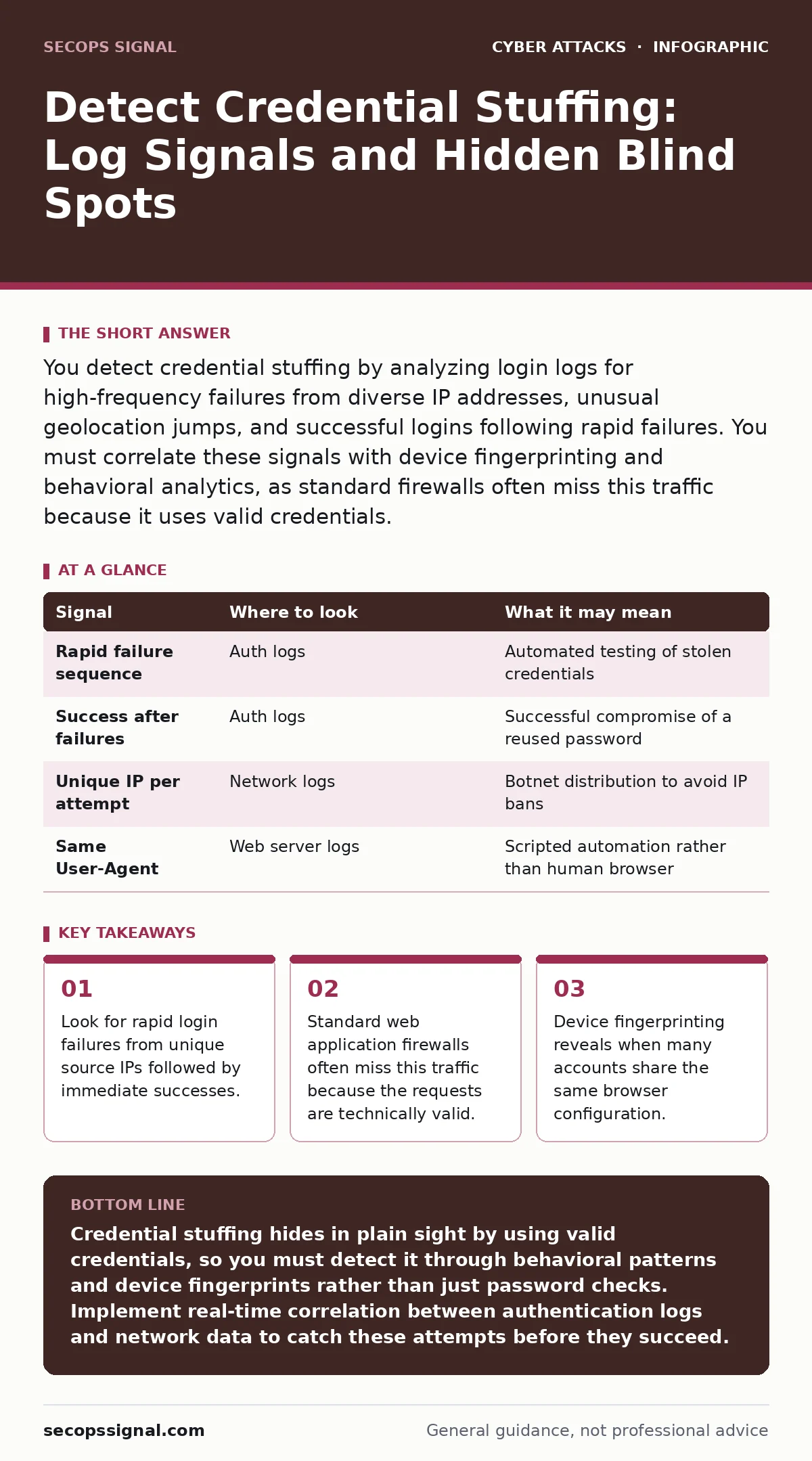 Infographic: Detect Credential Stuffing: Log Signals and Hidden Blind Spots. Look for rapid login failures from unique source IPs followed by immediate successes. Standard web application firewalls often miss this traffic because the requests are technically valid. Device fingerprinting reveals when