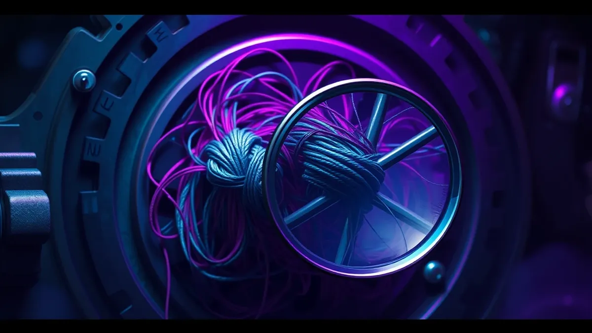 Illustration: A tangle of thin colored threads weaves through a complex mechanical gear mechanism, hiding subtle knots that mimic the smooth rotation of the main wheels.