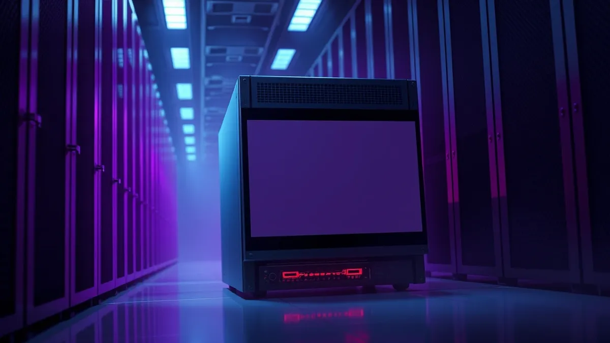 Illustration: A sleek rack-mounted server unit sits in a dim data center aisle.