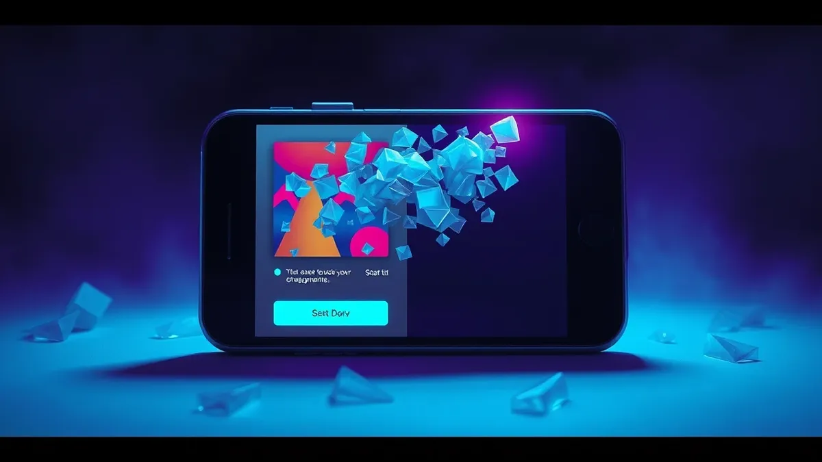 Illustration: A smartphone screen displays a colorful advertisement that dissolves into a swarm of translucent blue geometric shapes.