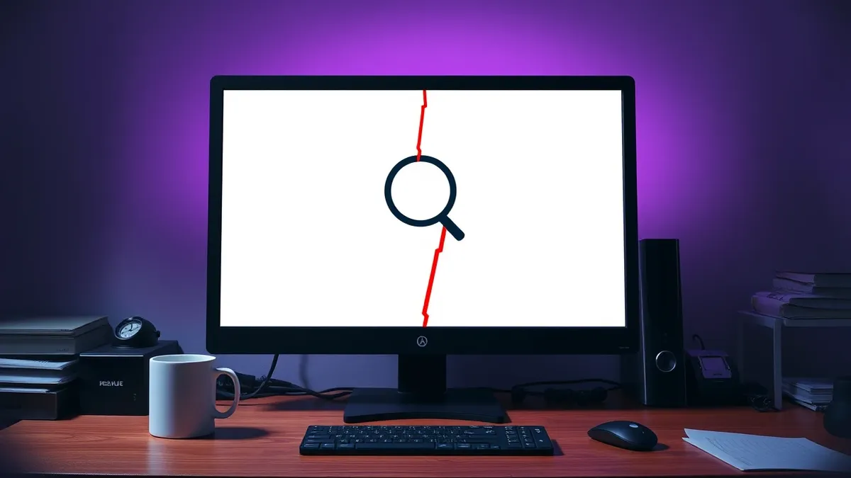 Illustration: A sleek black desktop computer sits on a cluttered wooden desk beside a white ceramic mug.