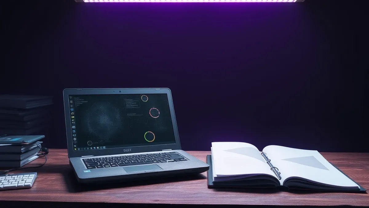 Illustration: A dusty, closed laptop sits on a cluttered wooden desk, bathed in harsh fluorescent light.