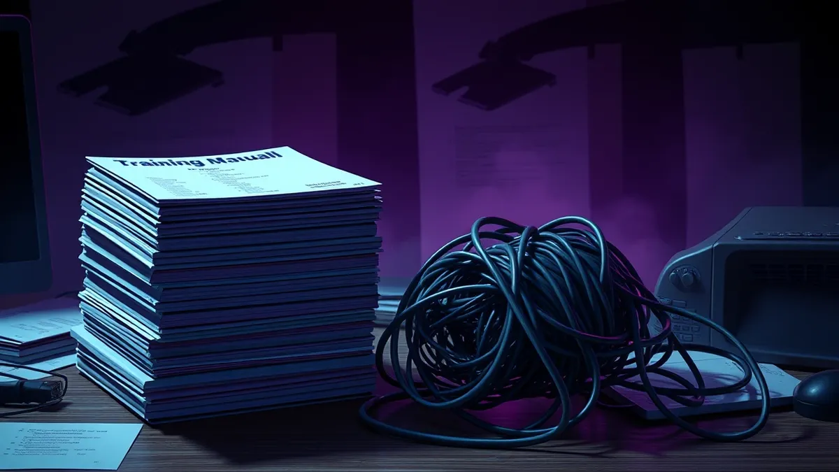 Illustration: A cluttered desk holds a stack of identical training manuals beside a tangled mess of security cables.