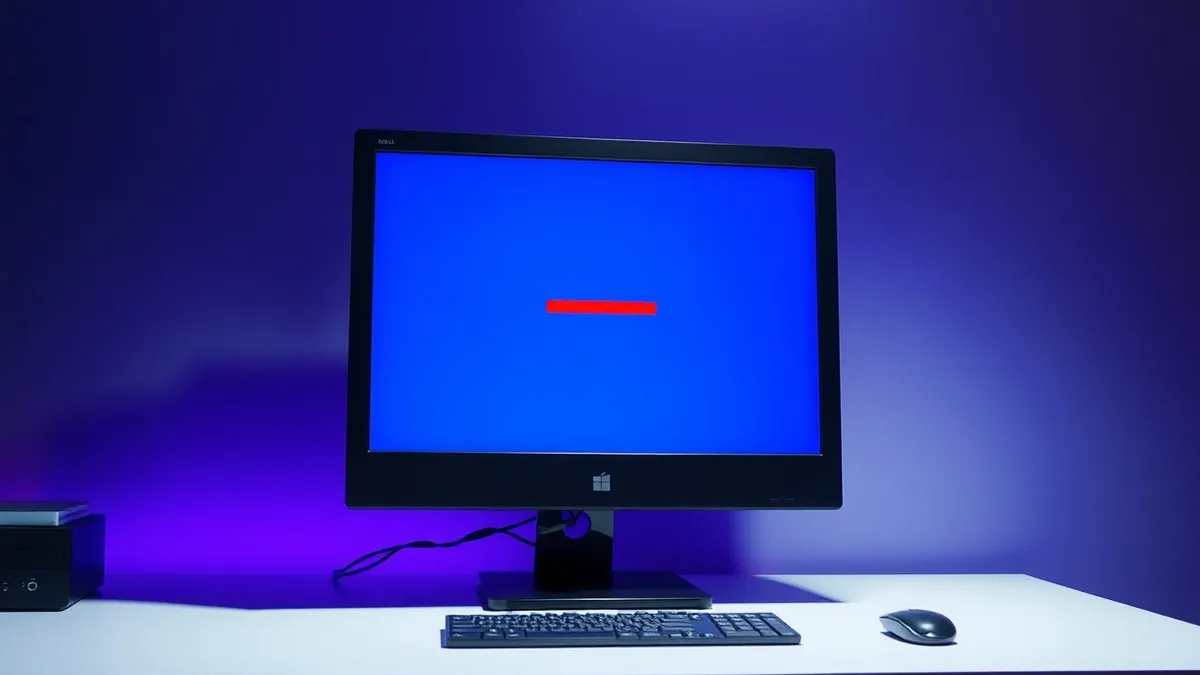 Illustration: A Windows desktop computer sits on a clean white desk, its monitor displaying a generic blue login screen.