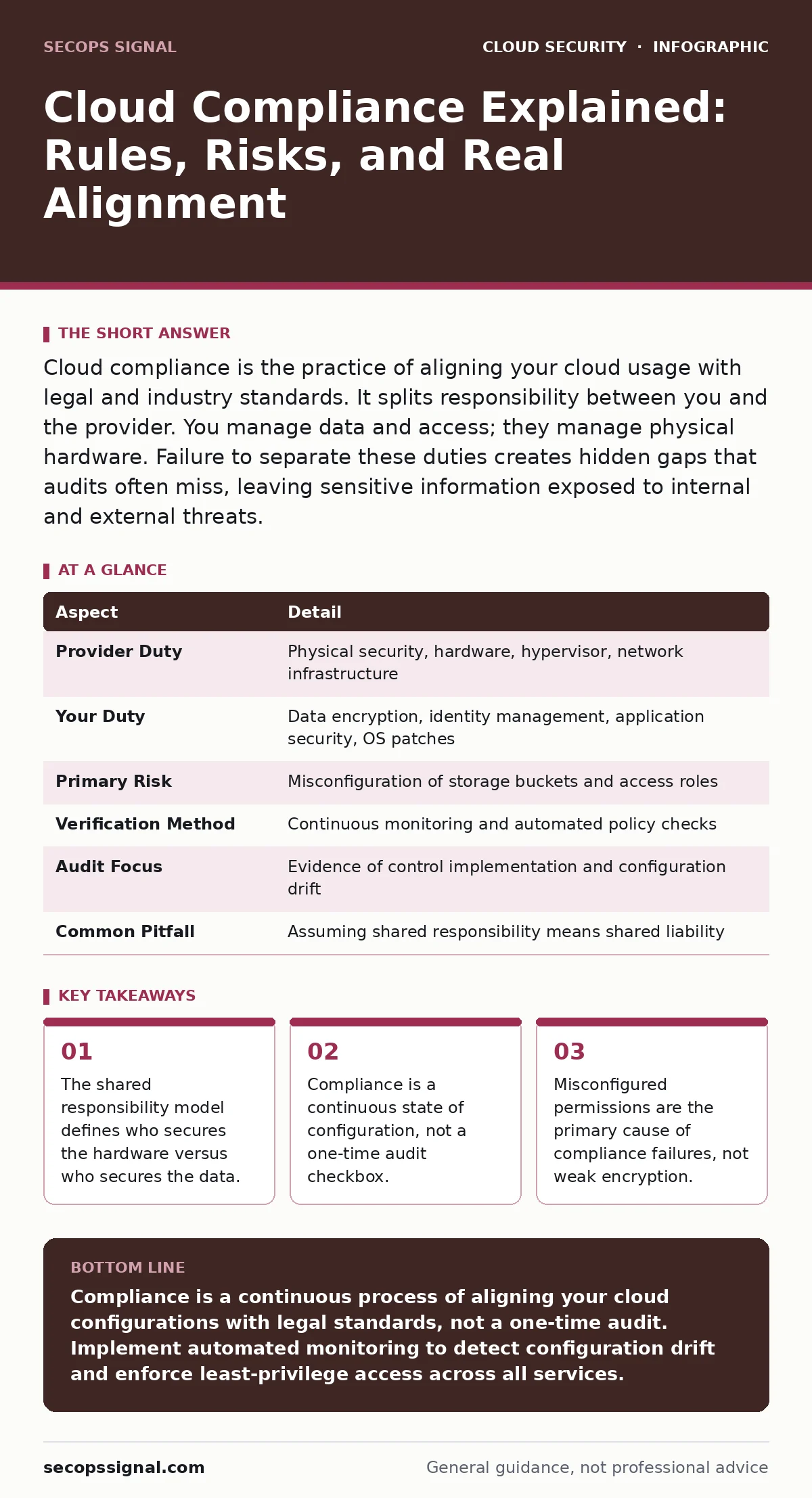 Infographic: Cloud Compliance Explained: Rules, Risks, and Real Alignment. The shared responsibility model defines who secures the hardware versus who secures the data. Compliance is a continuous state of configuration, not a one-time audit checkbox. Misconfigured permissions are the primary cause o