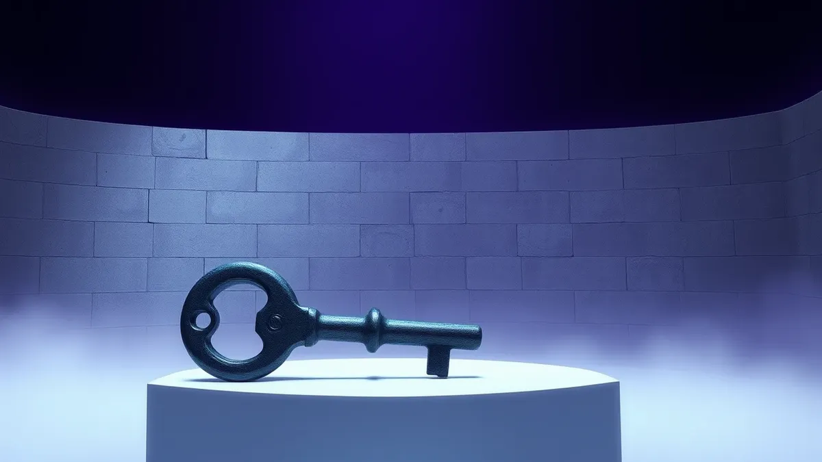 Illustration: A large, heavy iron key rests on a smooth white pedestal.