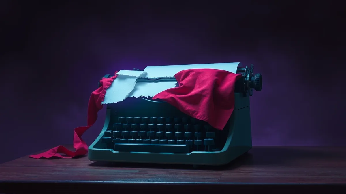 Illustration: A vintage mechanical typewriter sits on a wooden desk beside a crumpled patch of red fabric that fails to cover a jagged tear in the paper.